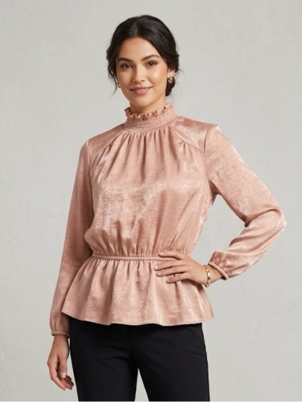 Endless Rose Blush Pink Ruffled Mock Neck Peplum Top size S